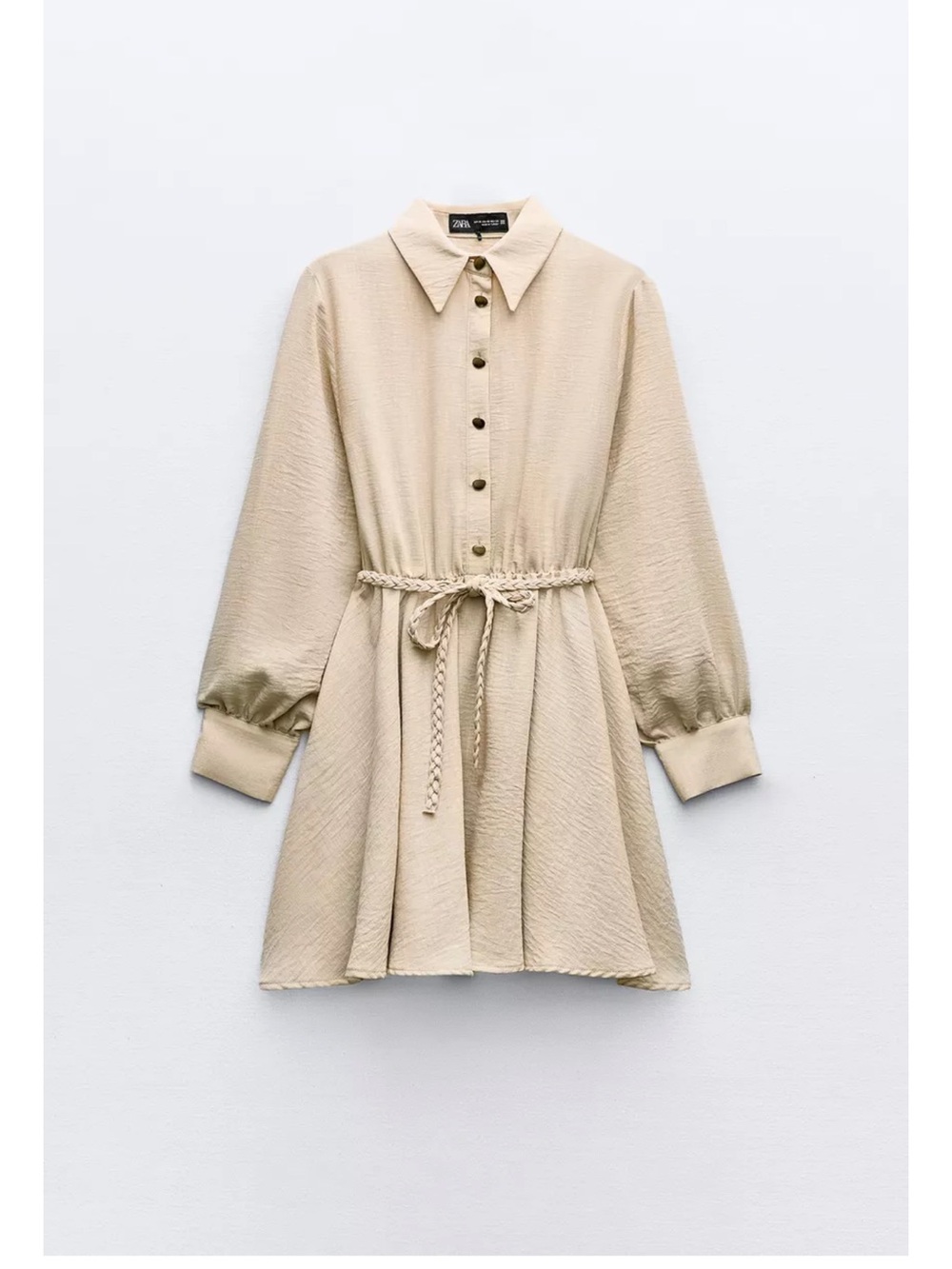 Zara Braided-Waist Textured Shirt Dress - Beige